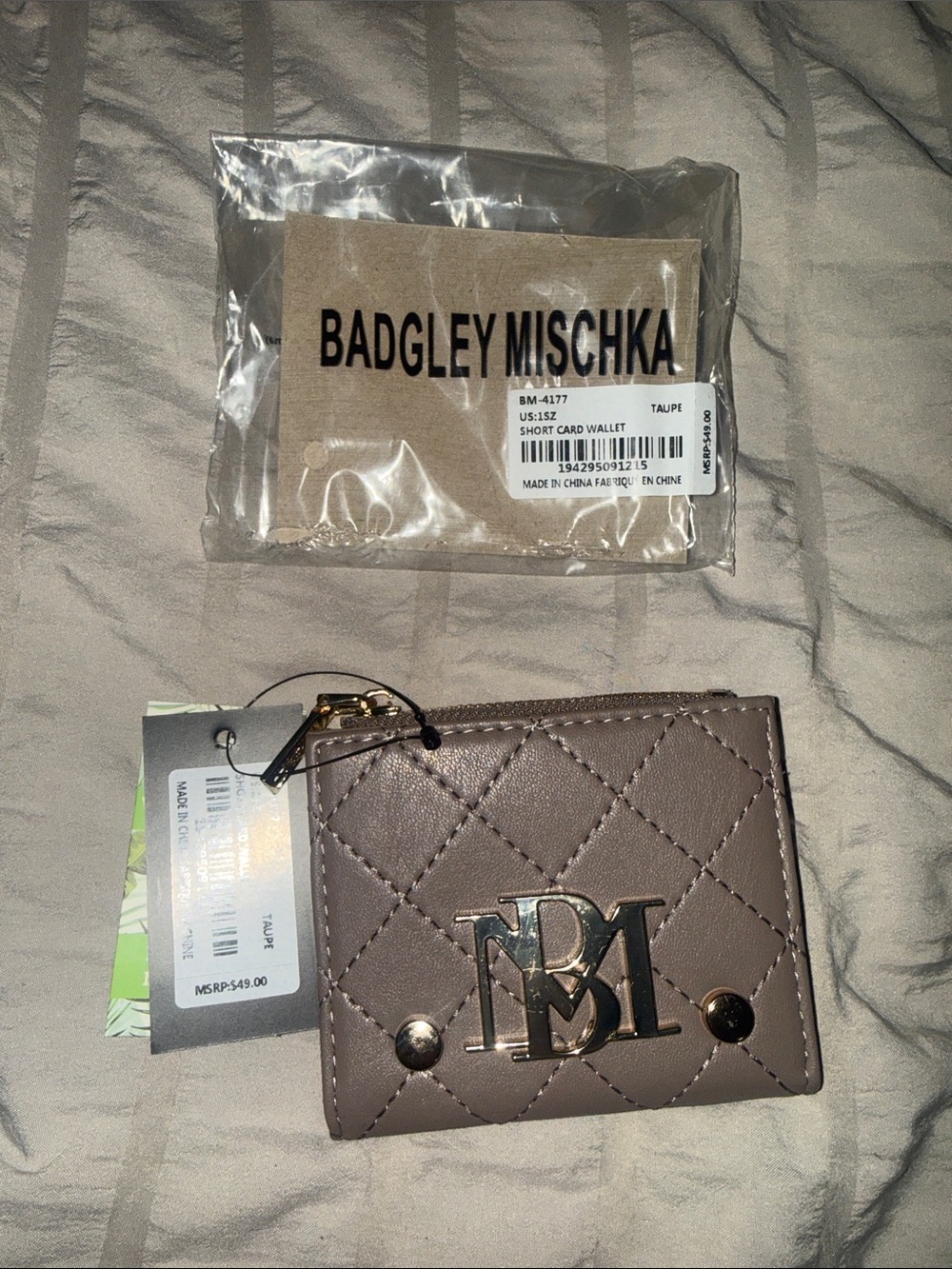 Badgley Mischka Taupe Quilted Card Holder with Metal Logo